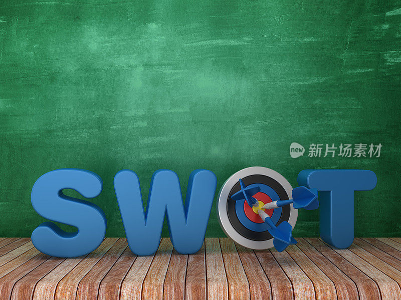 3D文字SWOT与目标黑板背景- 3D渲染